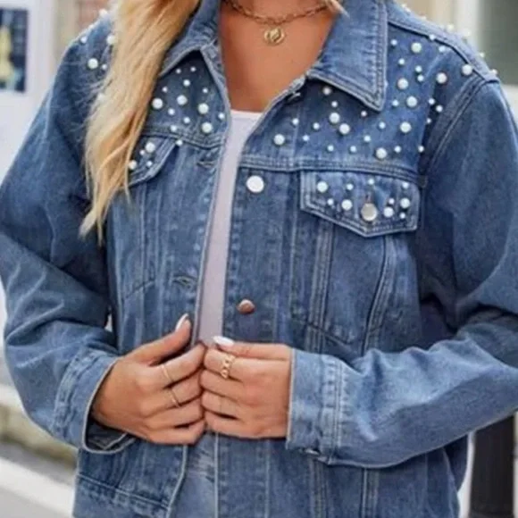 Pearl Embellished Denim Jean Jacket Button Front Long Sleeve Light Blue Wash - Picture 16 of 16